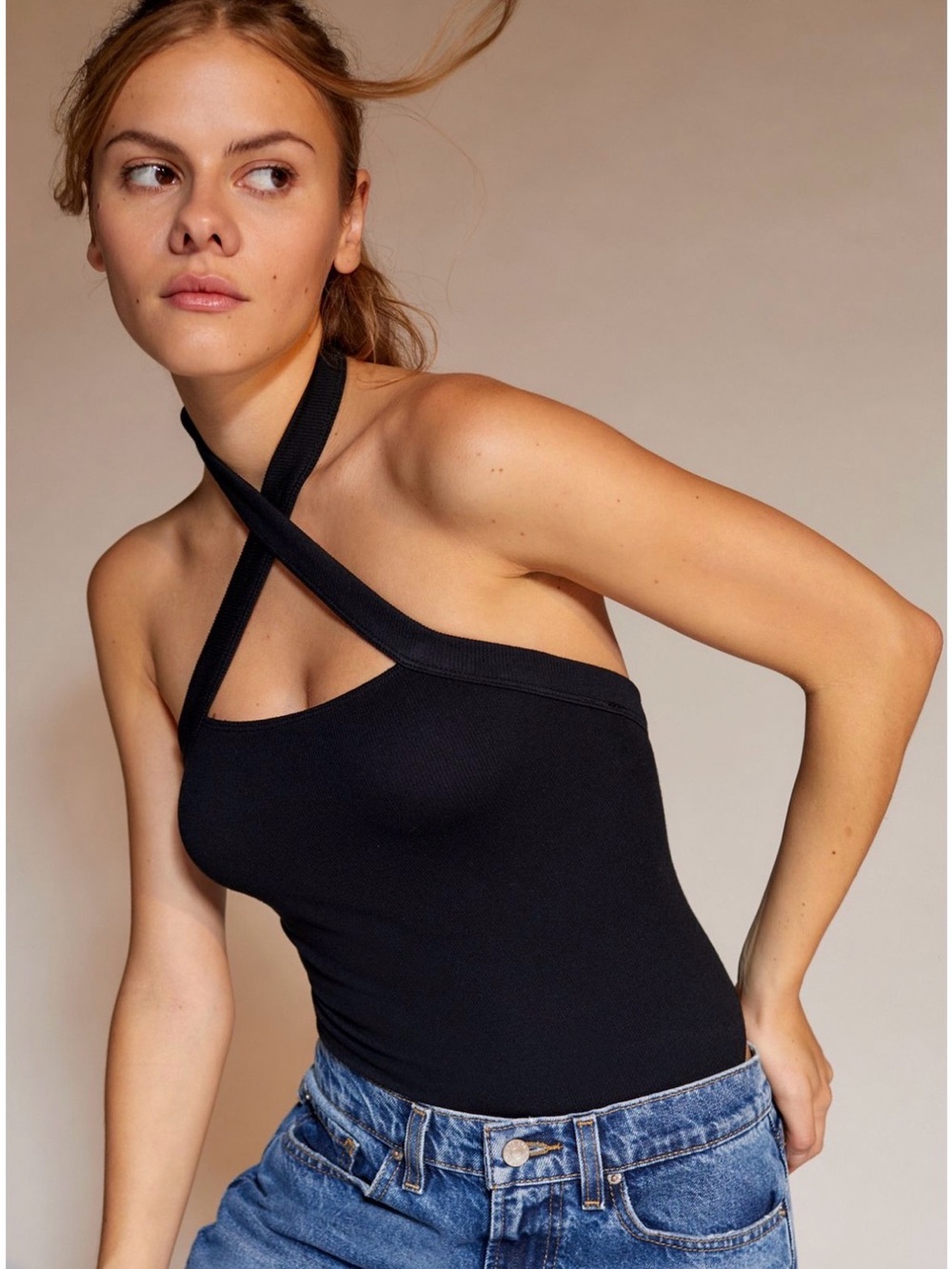 Urban Outfitters Black Cross-Strap Halter Neck Ribbed Bodysuit by Out From Under